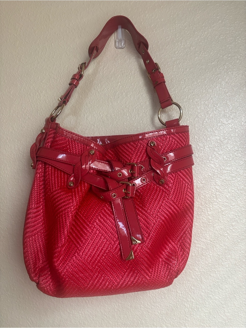 Francesco Biasia Red Woven Shoulder Bag with Patent Trim